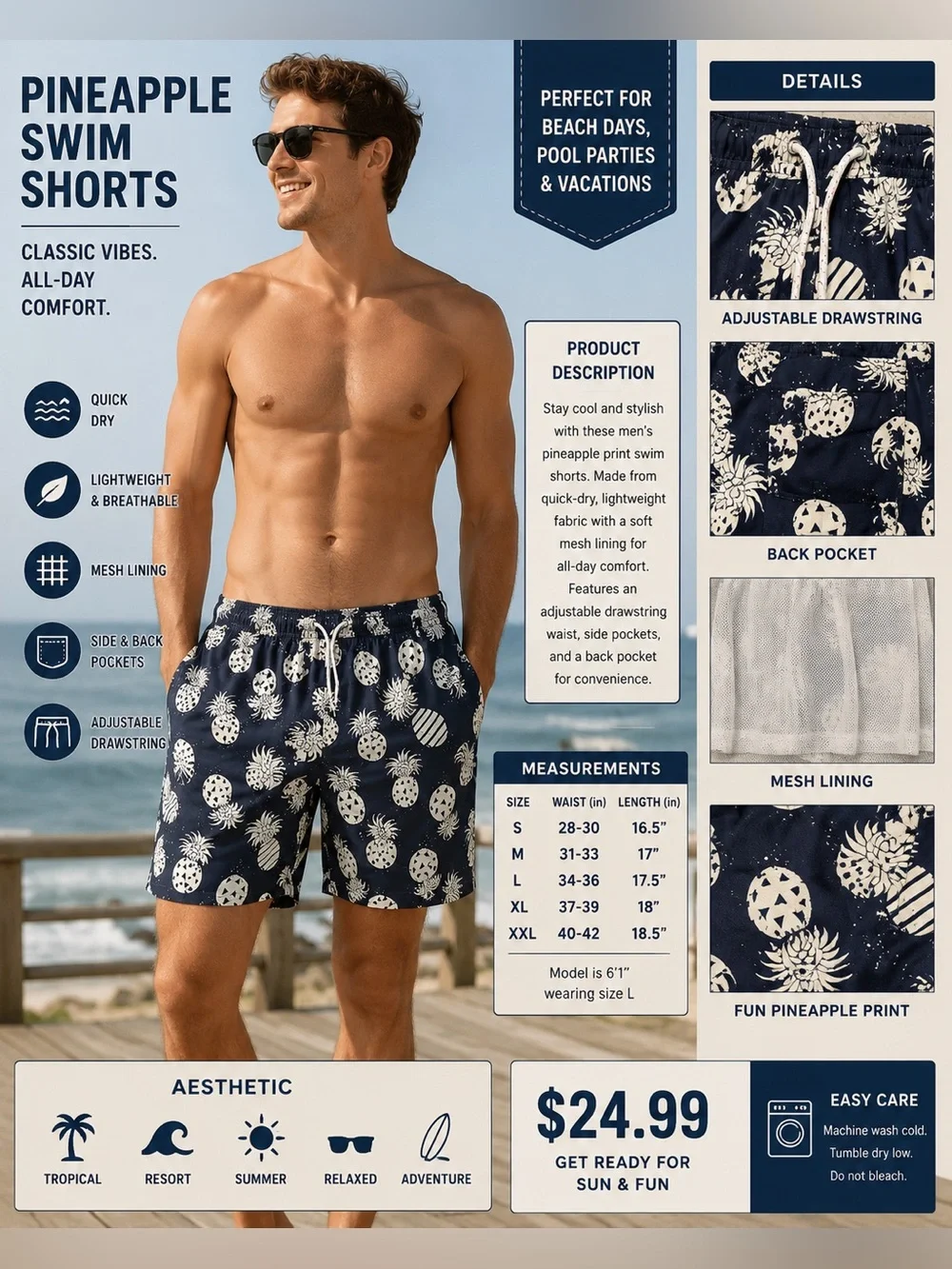 Men's Pineapple-Print Hybrid Shorts in Navy